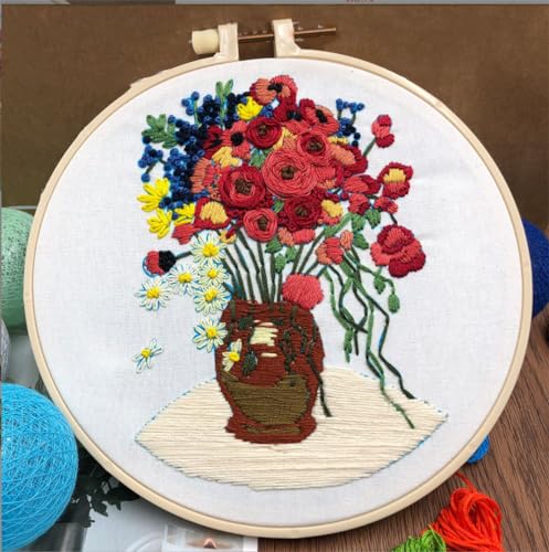 Meecaa Poppy Flower Embroidery Kit Starter Set, Hand Embroidery Set,Pattern Printed Cross Stitch Set for Beginner Adults, with Embroidery Hoop and Instructions (Daisy Poppy Flower) - color: Daisy Poppy Flower