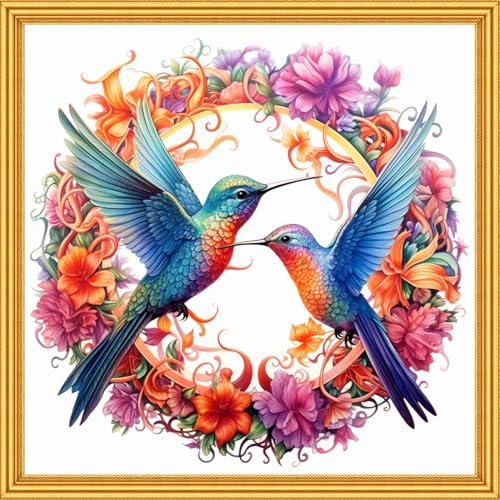 Foxhool Stamped Cross Stitch Kits,11CT Printed Cross Stitch Pattern Full Embroidery Kits for Beginner Needlepoint Kits-Hummingbird Wreath 18x18 inch - color: Craftpatterns22