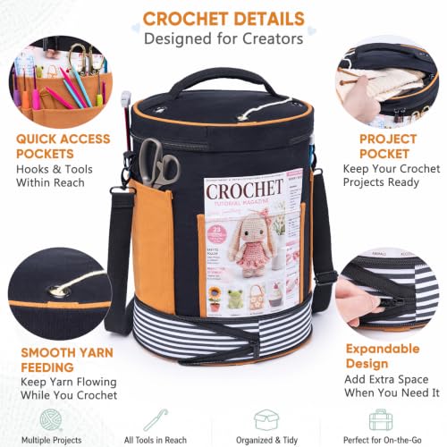 Canvas Yarn Storage Organizer with Removable Dividers, Crochet&Knitting Bag - color: Black Sand