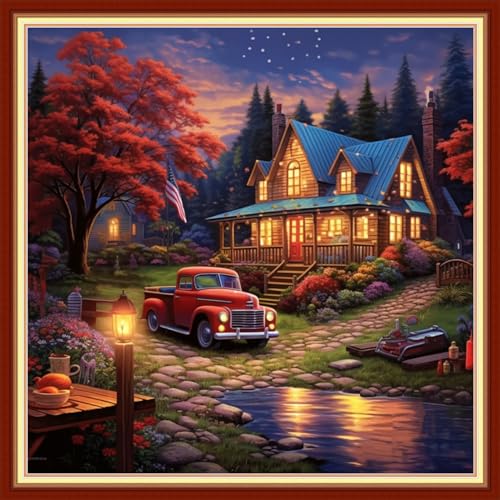 Dimensean Stamped Cross Stitch Kits Full Range of Embroidery Patterns Starter Kits for Beginners Adult DIY Cross Stitches Needlepoint Kits 11CT-Night View of the Cabin 18x18 inch - color: Arts kits 04