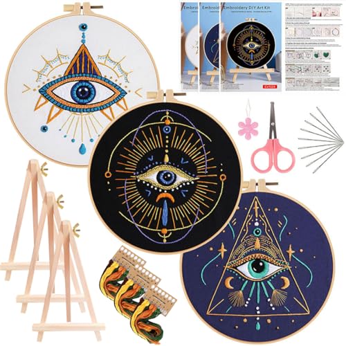 Qupace 3 Pcs Black Evil Eye Embroidery Kits for Beginners Adults,Stamped Cross Stitch Craft Set with 3 Embroidery Hoops & Finished Stands, Halloween Embroidery Wall Decoration - color: Brown