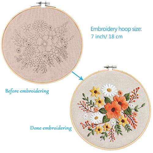 KISSBUTY Embroidery Kit with Pattern, Bamboo Hoop, Color Threads, Floral Pattern (Flowers), for Kid