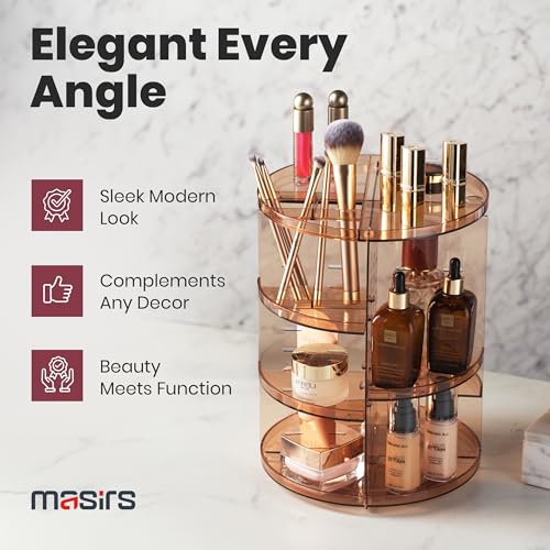 Masirs 360 Rotating Makeup Organizer Countertop, Adjustable Shelf, Brown - color: Brown