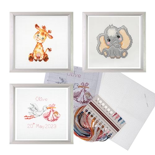 Trimits 3PK Cross Stitch Bundle – Counted Embroidery Kit, Beginner & All Level Starter Set, Complete with Instructions & Thread Children Wall Home DIY Décor –13x13cm– New Baby Boy & Girl Birth Sampler - style: New Baby Boy & Girl Birth Sampler