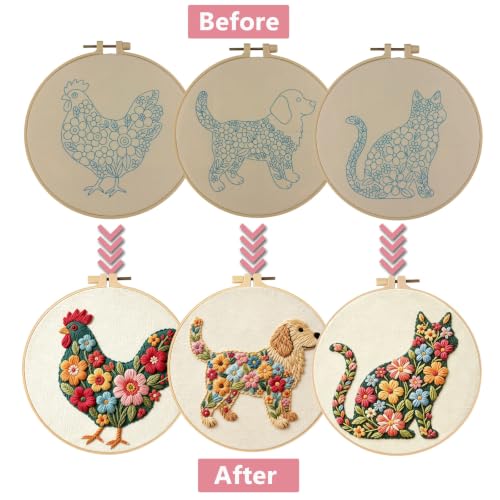 3 Packs Embroidery Kit for Adults, Embroidery for Beginners (Animal) - color: Animal