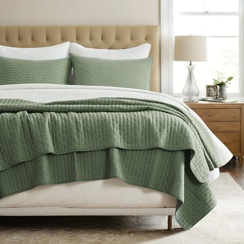 EVERGRACE Cross Stitch Pre-Washed Cotton Quilt Bedding Set King Size, Oversized 3 Pieces Lightweight Bedspread Coverlet for All Season, with 2 Matching Shams, Olive Green,108"x96" - color: Olive Green, size: King/Cal King (108" X 96")