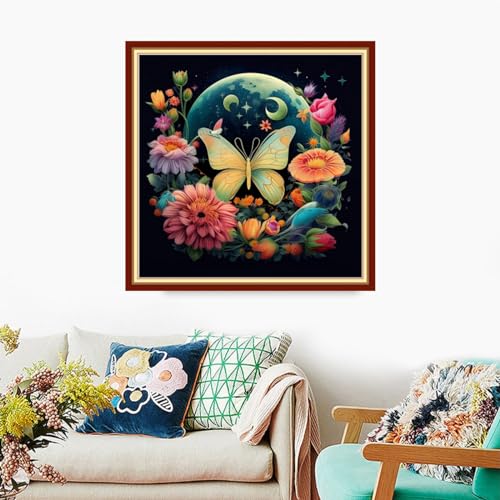 Foxdiviy Stamped Cross Stitch Kits Full Range of Embroidery Needlework Starter Kits for Beginners Adults 11CT Embroidery Patterns Art Crafts DIY Needlepoint Kits-Butterfly Moon 18x18 inch - color: Stamped Set 08