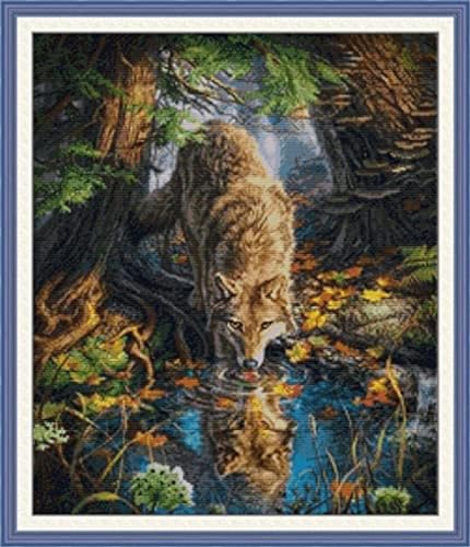 Rosyfoxes Cross Stitch Kits Stamped Full Range of Embroidery Starter Kits for Beginners DIY 14CT 2 Strands - Printed kit Wolf (Printed) 18.5×21.7 inches - color: Wolf(printed) 18.5×21.7 inches
