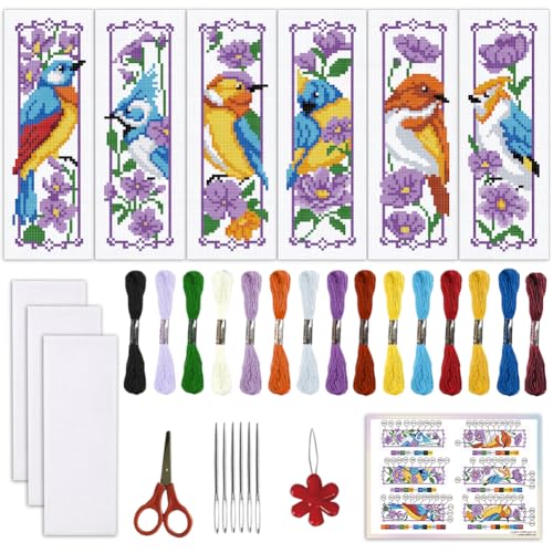 ORIGACH 6 Set Bird and Flower Cross Stitch Bookmark Kit for Beginner - style: Bird & Flower