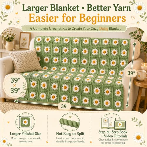 Coopay Crochet Kit for Beginners Adults, Large Granny Square Blanket Kit - color: Upgrade-Large-green