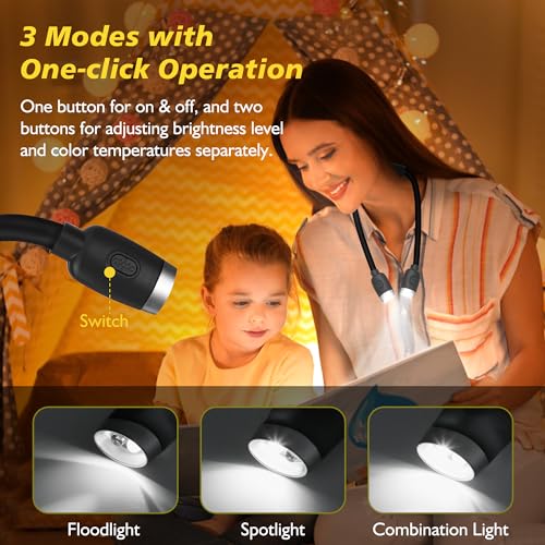 LEDGLE Neck Book Light for Reading Rechargeable,Long Arm,6 Brightness-Black - style: Massage Particles- Black