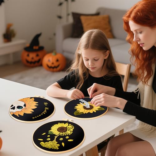 Halloween Gothic Embroidery Kits for Beginners Adults, Skull Hand Embroidery Needlepoint Kits, Sunflower Stamped Cross Stitch Kits for Beginners Adult, 3 Set Embroidery Hoops (Attached Video Tutorial) - color: Sunflower