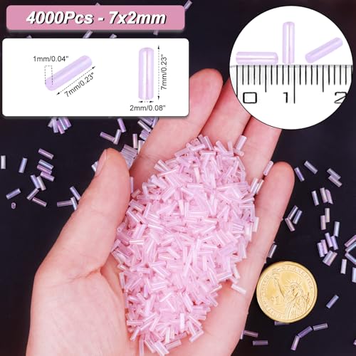 4000 Pcs Pastel Pink Glass Bugle Beads, 2 x 7 mm Embroidery Beads, Small Long Tube Seed Beads for Embroidery Craft Jewelry Making - color: Pastel Pink