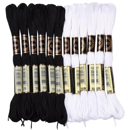 12 Skeins 105 Yards Black White Embroidery Floss Thread for Craft - color: Black,white