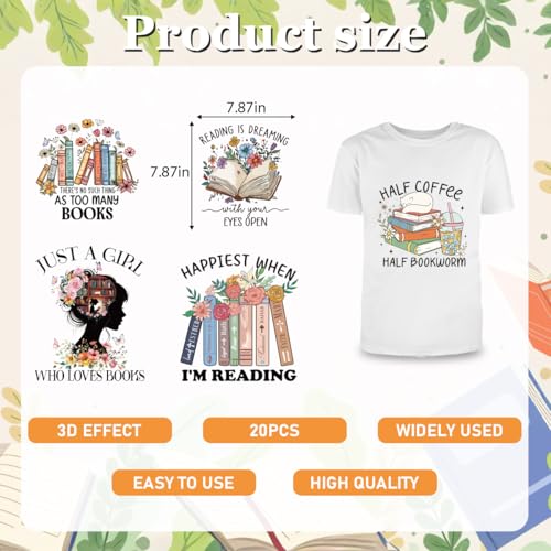20Pcs Book Lover Dtf Transfers Ready to Press Reading Iron on Decals Patches Bookworm Vintage Flowers Heat Transfer Vinyl Stickers for Clothing Pillows Bag DIY Crafts - color: Book Lover