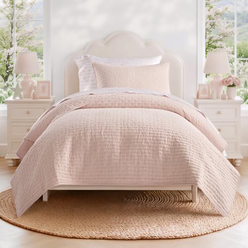 EverGrace 100% Cotton Cross Stitch Quilt Set, Twin, Ballet Pink - color: Ballet Pink, size: TWIN/TWIN XL (68" x 96")