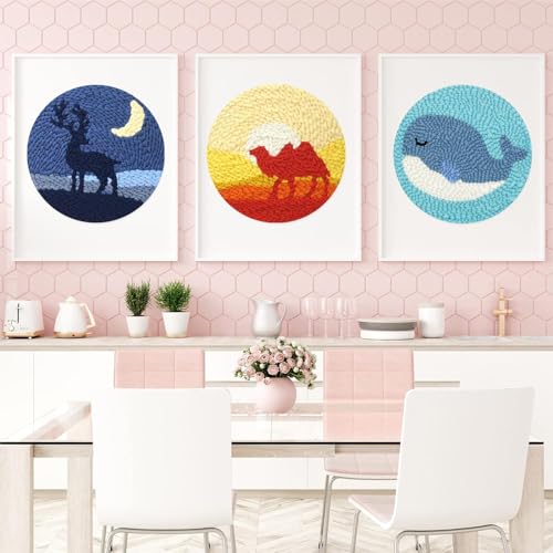 Allazone 3 Set Punch Needle Embroidery Kits, Punch Needle Kits for Adults Beginner, Punch Needle Tool with Punch Needle Cloth, Yarns and Sewing Needles (Camel, Whales), animal - color: animal