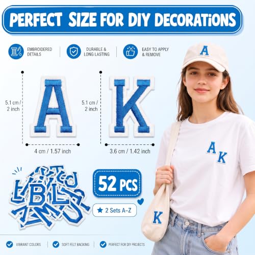 Jongdari Iron on Letters, 52 Pcs Alphabet Patches with Ironed Adhesive, Decorate Repair Patches for Shirts Jackets Hats Jeans Shoes Bags(Blue) - color: Blue, size: 52 Letters