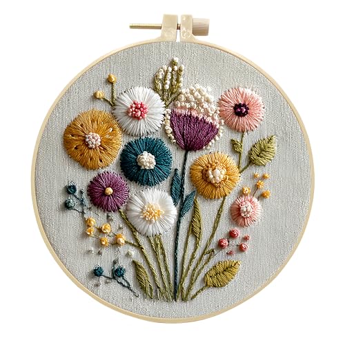 JJFox Embroidery Kit for Beginners and Adults, DIY Hand Embroidery Starter Kit with Cute Pattern, Cross Stitch Needlepoint Set with Hoop, Threads and Instructions (Flower) - color: Flower
