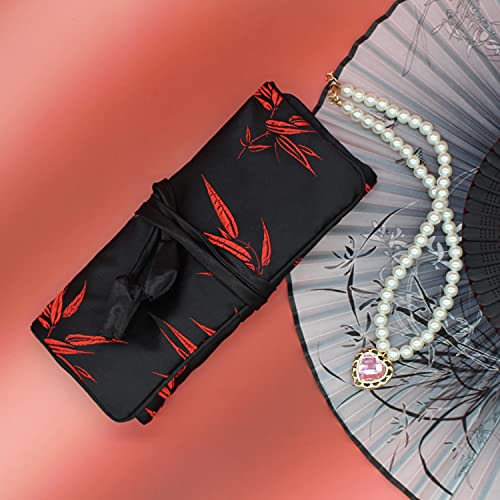 SmilerSmile Jewelry Travel Bag Embroidery Travel Jewelry Organizer with Tie Close Embroidered Flower Jewelry Roll for Women Girls (Red Leaf BLK) - color: Red Leaf Blk