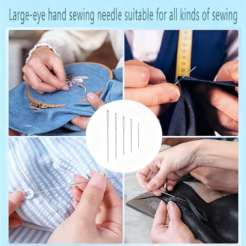 25PCS Large Eye Sewing Needles, 5 Sizes Steel Needles for Hand Sewing, Leather Needles, Stainless Steel Yarn Knitting Needles with Threaders for Handsewing Art Crafts