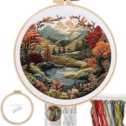 FONNUY Embroidery Kit for Beginners, Boho Nature Landscape Pre-Stamped Pattern Kits for Adults with Hoop, Easy to Follow Color Thread Needlework, 8'' Hoop (Flowers Hills) - color: Flowers Hills