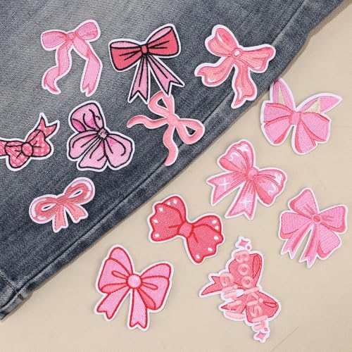 16pcs Bow Iron on Patches, Cute Pink Embroidered Applique Patch for Clothes - color: Pink Bow, 16pcs
