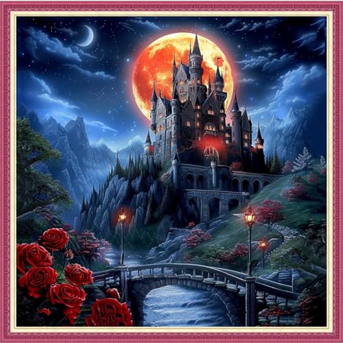 Dooxvey Counted Cross Stitch Kits for Adults 11CT Printed Cross-Stitch Patterns Cross Stitching Embroidery Kit Stamped or Counted Needlepoint Kits-Magic Castle Moon 18×18 inch - color: ColorDIY17