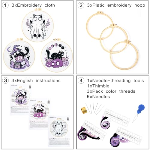 Crafmanoe Halloween Embroidery Kit for Beginners Adults, Skull Cat Stamped Cross Stitch Kit for Adult Beginner, Gothic Ghost Hand Embroidery Needlepoint Kits, 3 Set Embroidery Hoops and Video Tutorial - color: Purple