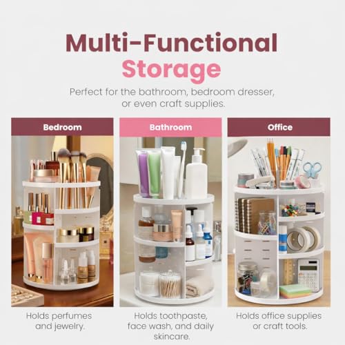Masirs 360 Rotating Makeup Organizer Countertop, Adjustable Shelf, White - color: White