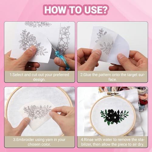 3 Sheets Water Soluble Embroidery Stabilizer, Water Soluble Stabilizer Stick and Stitch Embroidery-Paper Designs Transfer Paper with Pre-Printed Flower and Leaf for Hand Sewing for Embroidery Patterns