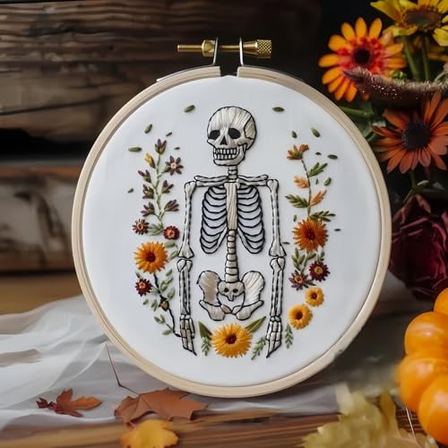 Floral Witch Hat Embroidery Kit Halloween Cross Stitch Material Set with Bat Skull Flower Pumpkin Patterns, DIY Hand Needlepoint Embroidery Craft Kit for Beginners Professional (Spooky Skeleton) - color: Spooky Skeleton