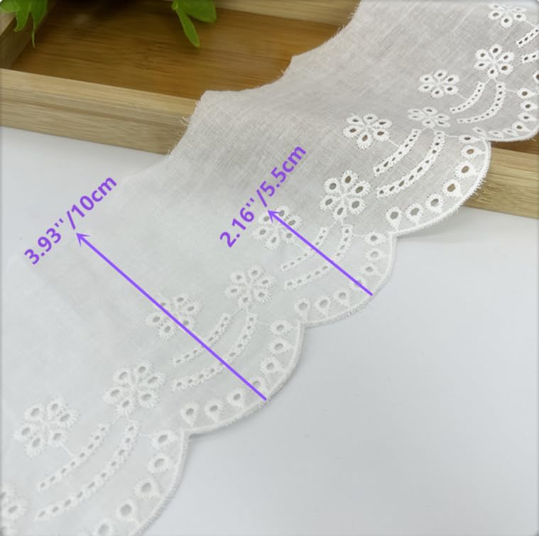 3 Yards 10cm Eyelet Lace Trim White Cotton Lace Ribbon Embroidery Fan-Shaped Lace for Sewing Clothing, Sofa, Baby Clothes, Pets Clothes DIY (White) - color: White