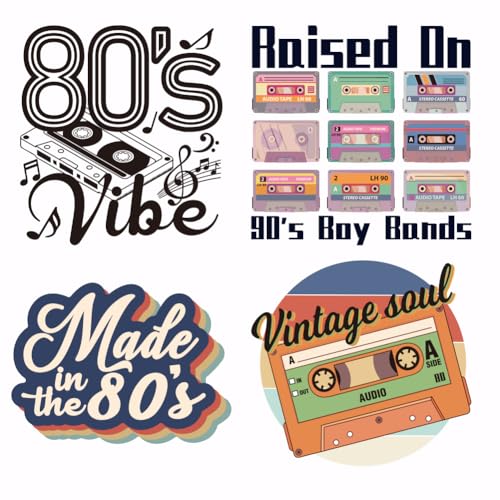 SUPERDANT 4PCS 80's Music Iron on Transfer Paper Vintage Vibe Radio DIY Colorful Heat Transfer Sticker Washable Iron-on Decals for T Shirts DTF Transfers Ready to Press for Clothing Hoodie Bag Jackets - style: 80s