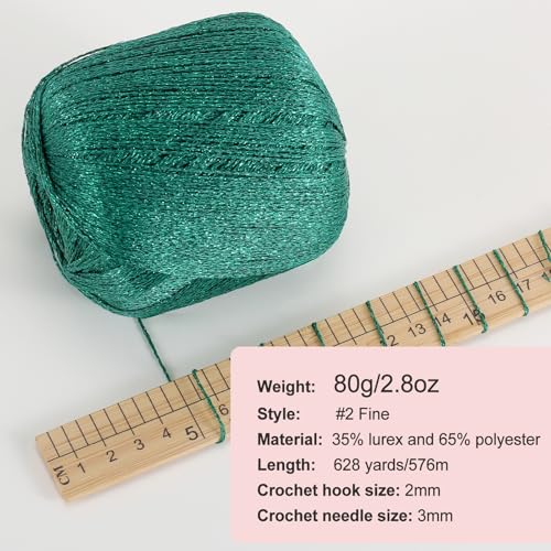 2PCS Metallic Crochet Thread Yarn for Crocheting,Lurex Thread Round Band Yarn with Sparkle Shine for Clothes, Car Charm, Keychain Charm(Green) - color: Green