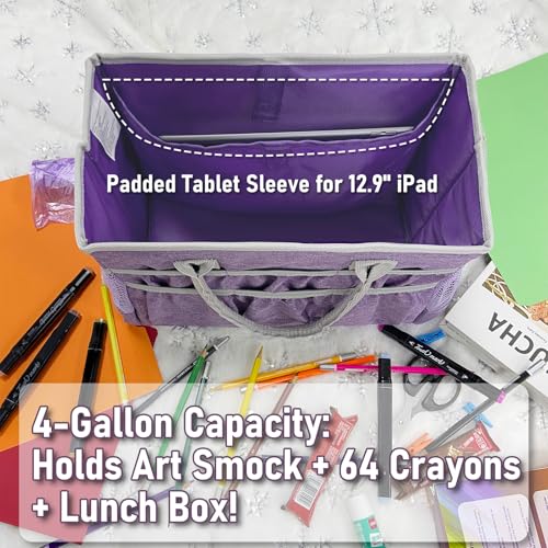 Cupohus Craft Organizer Tote Bag – Craft Caddy with 2 Mesh Side Pockets & Front Elastic Pockets, Foldable Large Capacity Supply Storage Bag for Sewing, Knitting, Painting, and Travel (Purple) - color: Purple