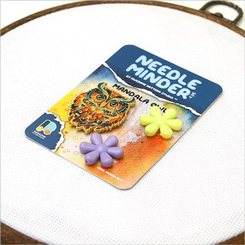 Awesome Pattern Studio Needle Minder Set - Mandala Owl Magnetic Needle Minder + 2 Needle Threaders. Enamel Pin for Cross Stitch, Embroidery and Craft