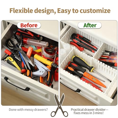 Drawer Divider Adjustable Diy Storage Organizer Separator for Tidying Clutter Cutlery Makeup Clothes of Dresses, Desk & Box in Kitchen Bathroom Bedroom Office (Cut at Will) (White 32PCS) - color: White 32pcs