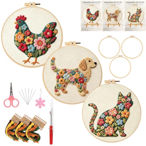 3 Packs Embroidery Kit for Adults, Embroidery for Beginners (Animal) - color: Animal