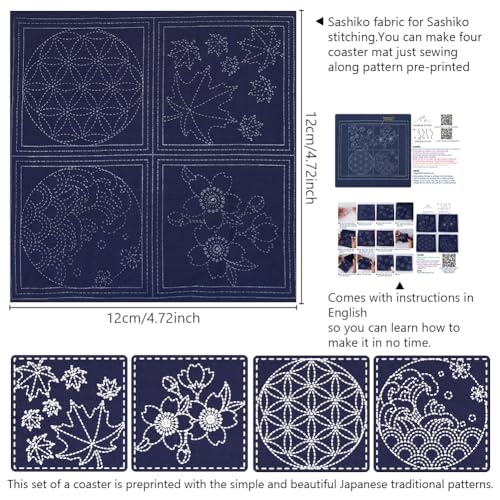 FREEBLOSS 4 Set Sashiko Coasters Kit with Instructions Cherry Blossoms