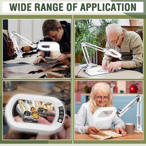 Veemagni 12X Rectangle Magnifying Glass with Light and Stand, 5 Color Modes Stepless Dimmable, 2-in-1 LED Lighted Desk Lamp & Clamp, Hands Free Magnifier for Reading Crafts Painting Close Work - White - color: White