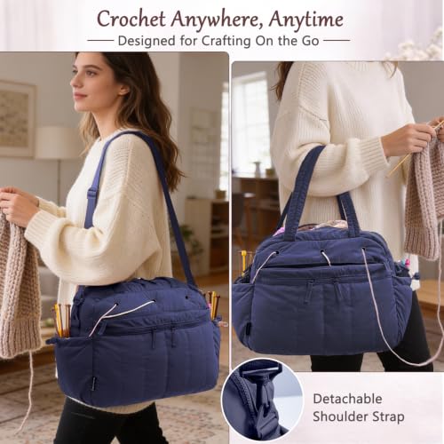 MYBAGZING Large Crochet Bag Organizer w/Crochet Hook Case & Yarn Grommets - color: Navy