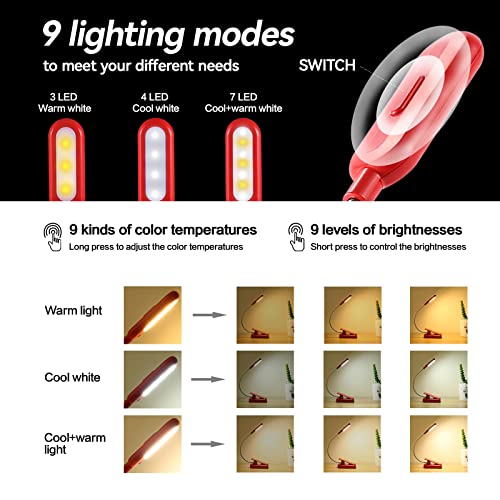 VAVOFO Rechargeable Book Light for Reading in Bed Kids, 7 LED Reading Light with 9-Level Warm Cool White Daylight, Eye Care Lamp with Power Indicator for Bookworms (Red) - color: Red