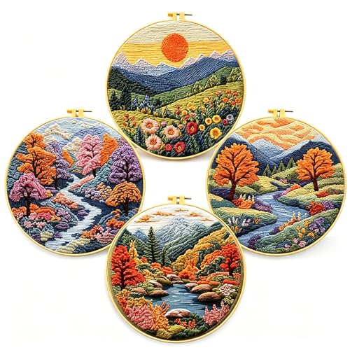 Zhenqing Mountain Landscape Embroidery Kit 4 Pack, Seasonal Scenery Craft Set with 20cm Hoop, Printed Designs on 29x29cm Cotton Fabric, DIY Nature Wall Art (JC0166)