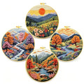Zhenqing Mountain Landscape Embroidery Kit 4 Pack, Seasonal Scenery Craft Set with 20cm Hoop, Printed Designs on 29x29cm Cotton Fabric, DIY Nature Wall Art (JC0166)
