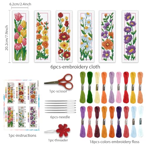 BEUNITONE 6 Set Floral Bookmark Cross Stitch Kits for Beginners with Instructions Floral Bookmarks Cross-Stitch Kit Stamped Embroidery Bookmark DIY Crafts Book Marker for Book Lovers 8''x2.4'' 11CT - style: Flower Cluster A