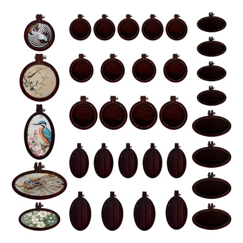 Wood Mini Embroidery Hoop Frame Sewing Ornament Frame Tiny Crossing Stitch Hoop Ring for DIY Embroidery Necklace Pendant Keychain (35Pcs Dark Brown) - size: 35Pcs Round