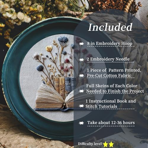 FONNUY Embroidery Kit for Beginners, Flower Book Pre-Stamped Pattern Kits for Adults with Hoop, Cross Stitch Easy to Follow Color Thread Needlework, 8'' Hoop (Blue) - color: Blue
