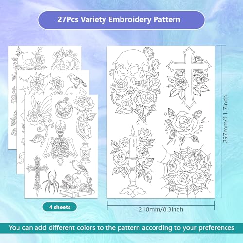 ORIGACH 4 Sheets Gothic Style Water Soluble Embroidery Patterns Stabilizers - Pre-Printed Skull & Flower Designs - Stick & Stitch Embroidery Paper for Hand Sewing Lovers - color: Skull & Flower