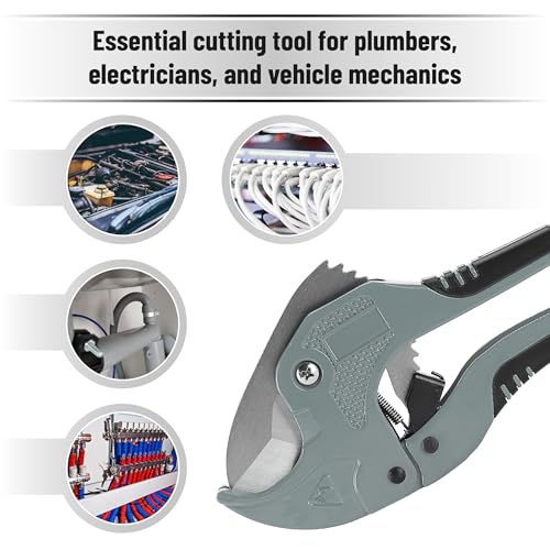 Bates- PVC Pipe Cutter, Cuts up to 1-5/8", Ratchet Pipe Cutter, PEX Cutting Tool for Cutting PEX, PVC, PPR Plastic Hoses and Plumbing Pipes, Silver - color: Silver